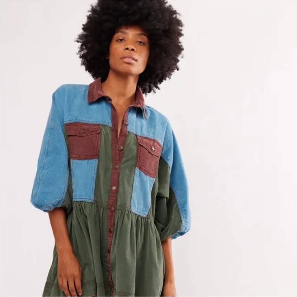 Free People Wild Roads Mini Buttondown Puff Sleeve Pocket Dress